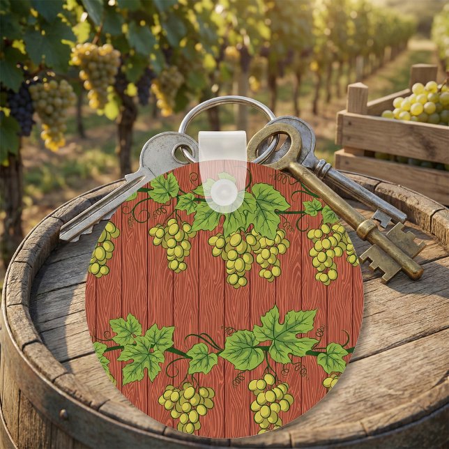 Green Grape Vine Pattern on Rustic Wood Key Ring (Creator Uploaded)