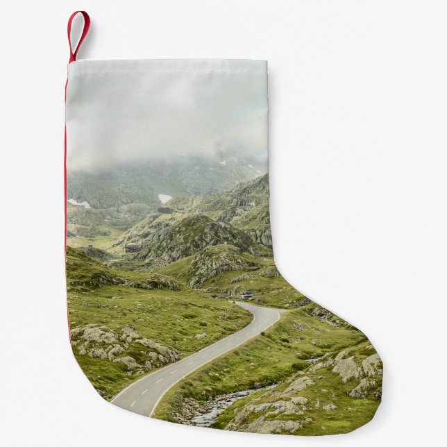 GREEN GRASS FIELD AND MOUNTAIN SMALL CHRISTMAS STOCKING (Front)