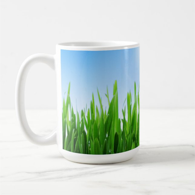 Green Grass Garden with Blue Sky Design Coffee Mug (Left)