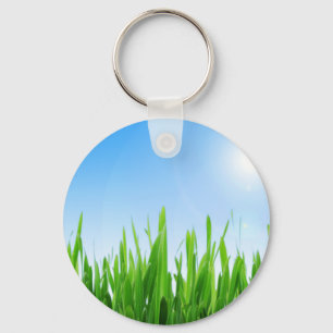 Green Grass Garden with Blue Sky Design Key Ring