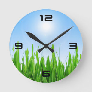 Green Grass Garden with Blue Sky Design Round Clock