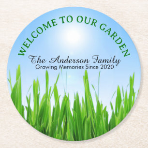 Green Grass Garden with Blue Sky Design Round Paper Coaster
