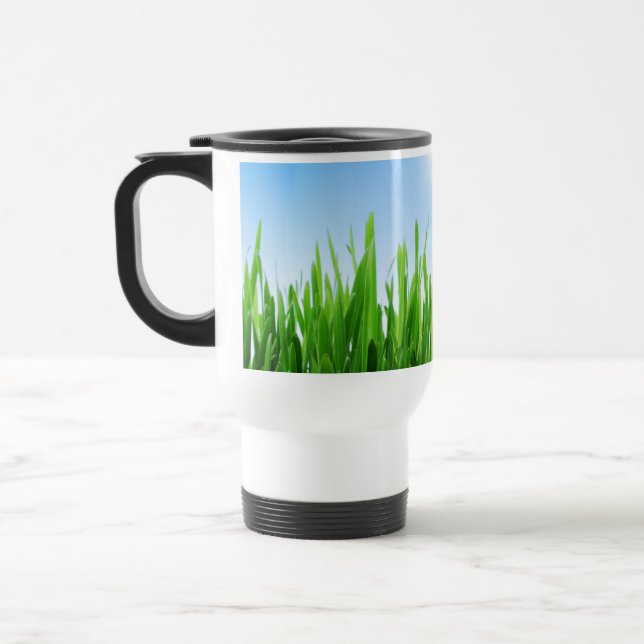 Green Grass Garden with Blue Sky Design Travel Mug (Left)