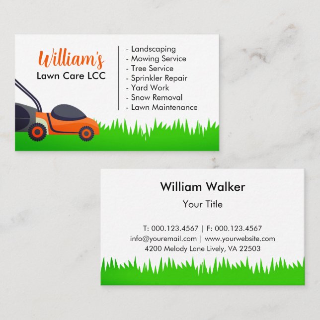 Green Grass Lawn Care & Landscaping Mower Business Card (Front/Back)