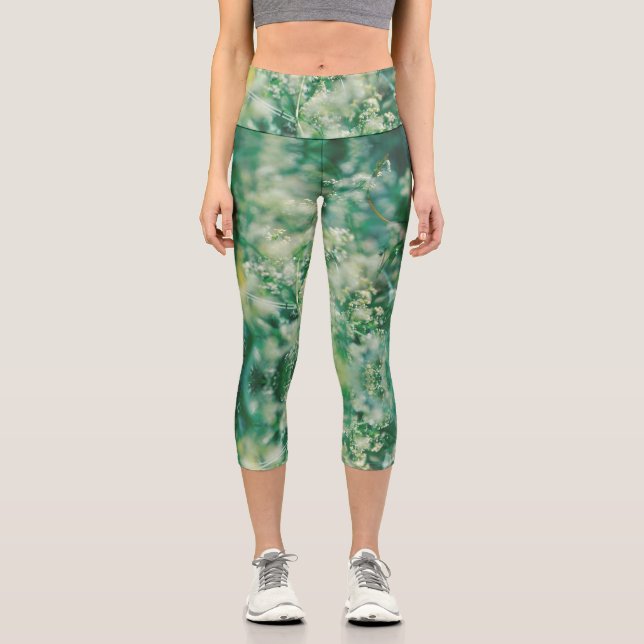 Green Grass Leaves Flowers Plants Nature Capri Leggings (Front)