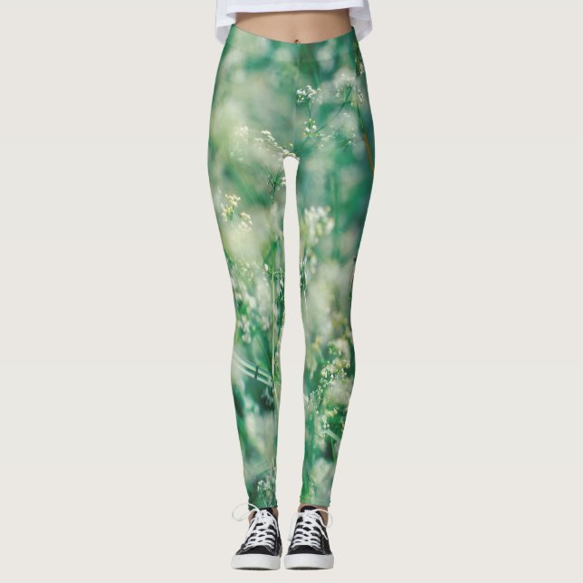 Green Grass Leaves Flowers Plants Nature Leggings (Front)