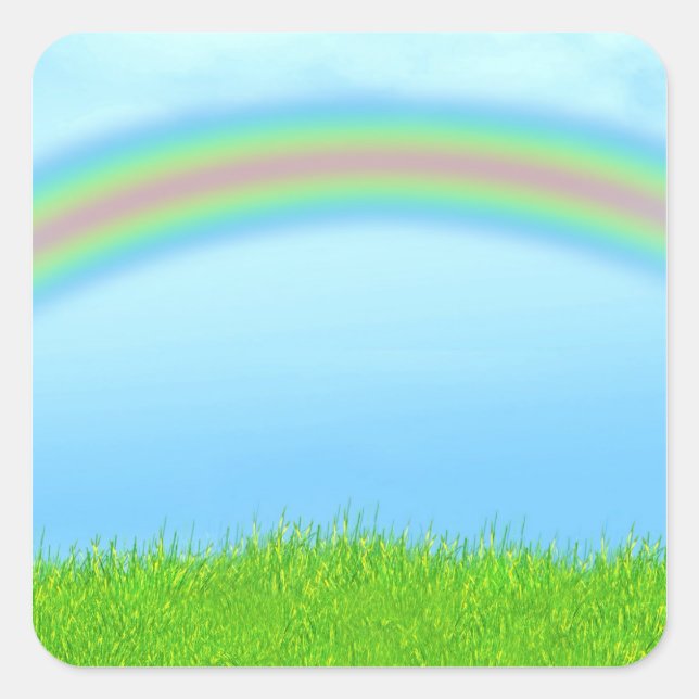 Green Grass, Rainbow & Blue Sky Background Square Sticker (Front)