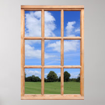 Green Grass, Trees and Blue Sky Faux Window View