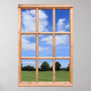 Green Grass, Trees and Blue Sky Faux Window View Poster