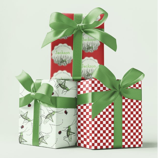 Green Grasshopper & Ladybug Kids Insects Birthday Wrapping Paper Sheet (Cute Grasshopper Gift Wrap. Hand Drawn Grasshoppers  & Ladybugs, Red Checkered, Custom Kids Birthday)