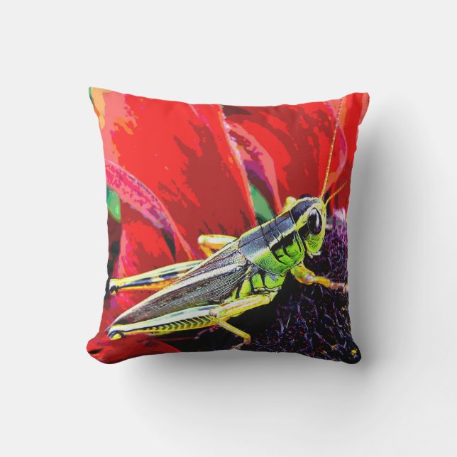 Green Grasshopper on Red Animal Outdoor Pillow (Front)