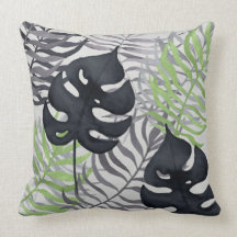 Green & Gray Tropical Leaves Throw Pillow