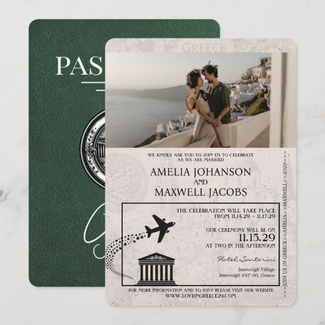 Green Greece Passport Wedding Invitation (Front/Back)