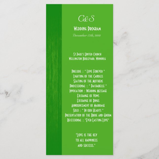 Green/Green Wood Grain Wedding Programs Programme (Front)