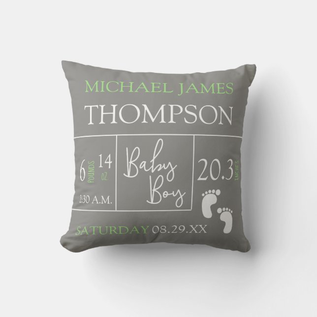 Green Grey Baby Boy photo Birth stat Announcement Cushion (Front)