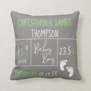 Green Grey Baby Boy photo Birth stat Announcement Cushion