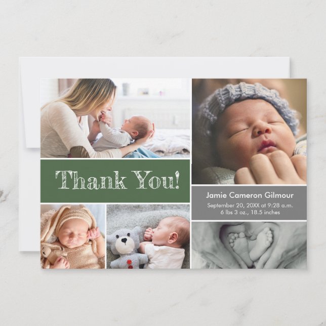 Green Grey Baby Shower Photo Collage Thank you (Front)