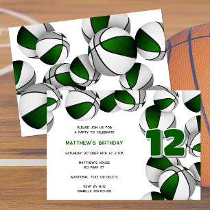 green grey basketballs girls boys birthday party invitation