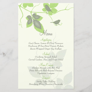Green Grey Birds and Leaves Wedding Menu Card