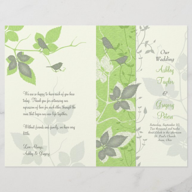Green Grey Birds and Vines Wedding Program (Front)
