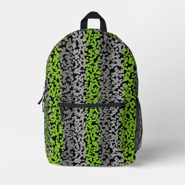 Green grey black digital pixelated stripes printed backpack (Front)