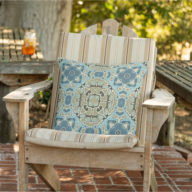 Green Grey Blue Teal Ochre Taupe Brown Tribal Art Cushion (Chair)