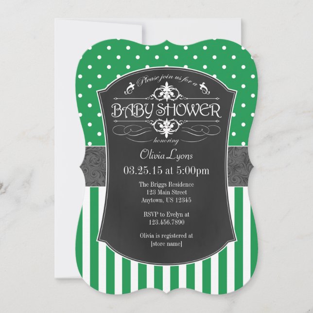 Green Grey Chalkboard Stripes Baby Shower Invite (Front)