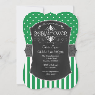 Green Grey Chalkboard Stripes Baby Shower Invite