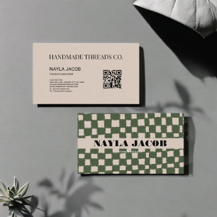 Green Grey Chequerboard Pattern QR Code Handmade Business Card