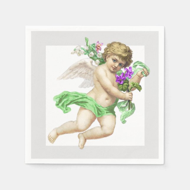 Green Grey Cherub Angel Paper Napkin (Front)