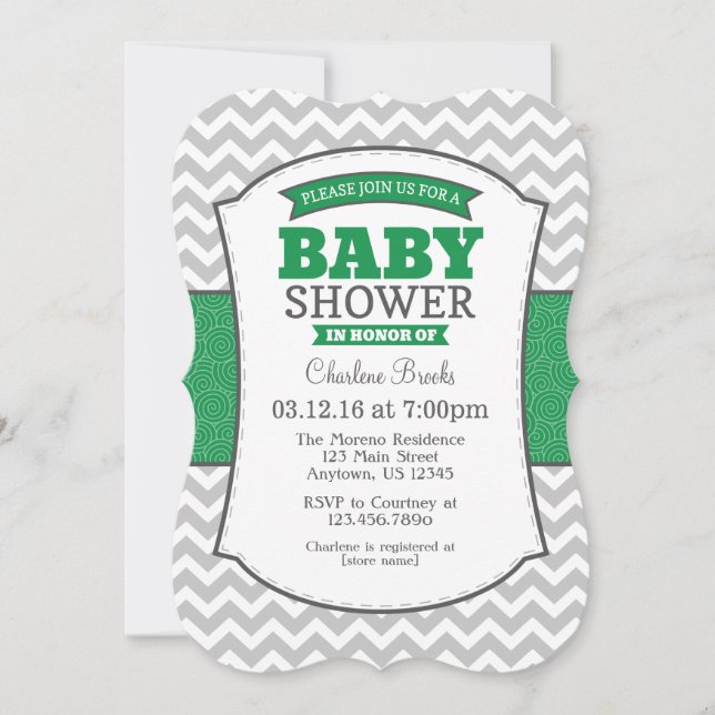 Green Grey Chevron Baby Shower Invitation (Front)