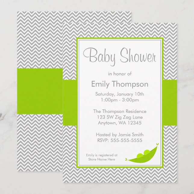 Green Grey Chevron Pea Pod Baby Shower Invitations (Front/Back)