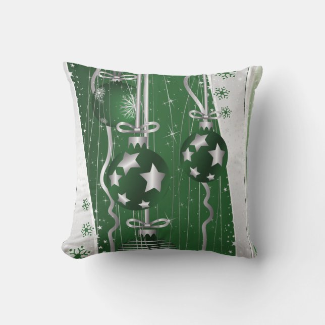Green, grey Christmas balls stars and snowflakes Cushion (Front)