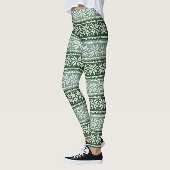 Green Grey Christmas Poinsettia Faux Knit Pattern Leggings (Left)