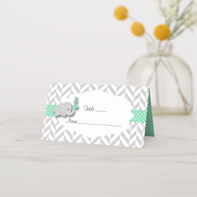 Green & Grey Elephant Baby Shower Place Card (Front)
