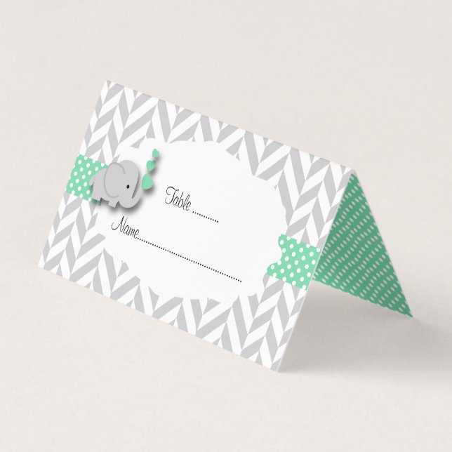 Green & Grey Elephant Baby Shower | Place Cards (Front)