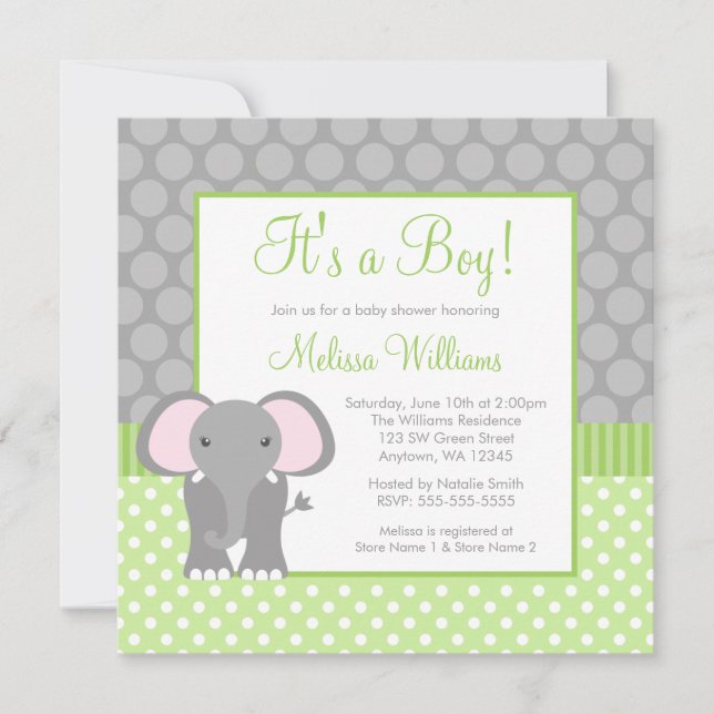 Green Grey Elephant Polka Dot Boy Baby Shower Invitation (Front)