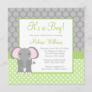 Green Grey Elephant Polka Dot Boy Baby Shower Invitation