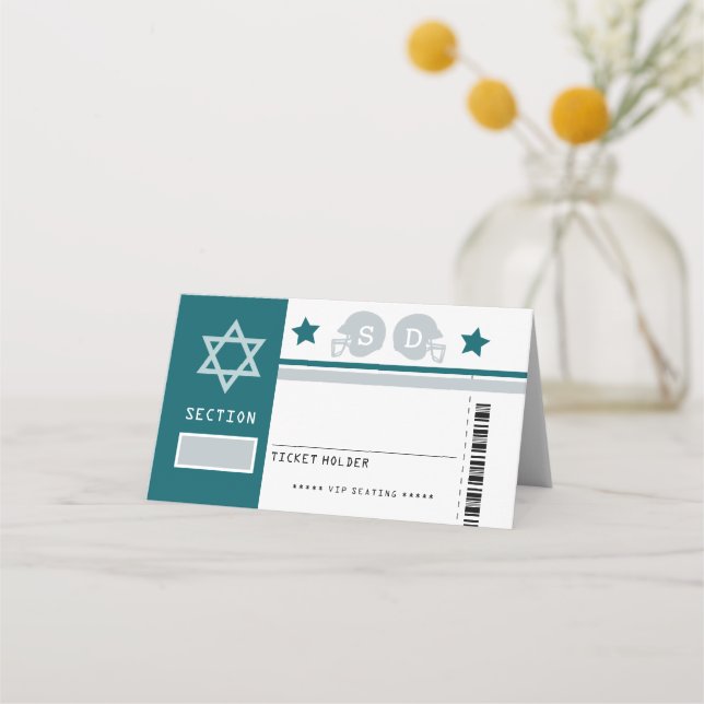 Green Grey Football Ticket Bat Mitzvah Seating Place Card (Front)