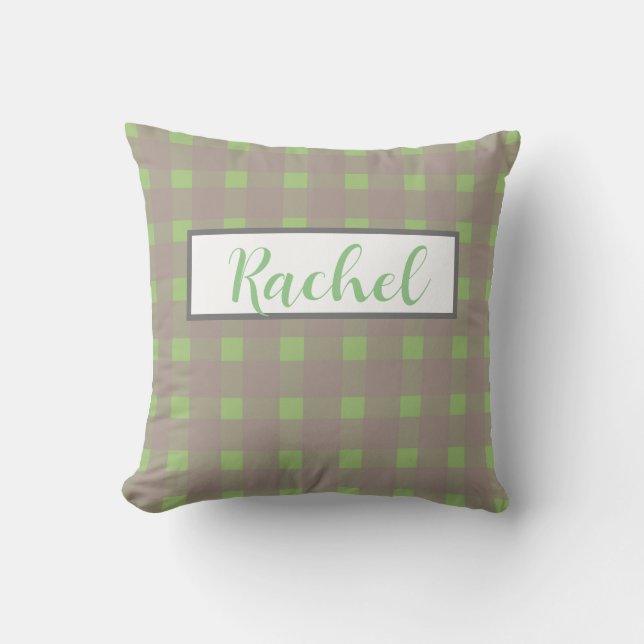 Green Grey Gingham Personalised  Cushion (Front)