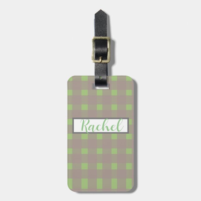 Green Grey Gingham Personalised  Luggage Tag (Front Vertical)