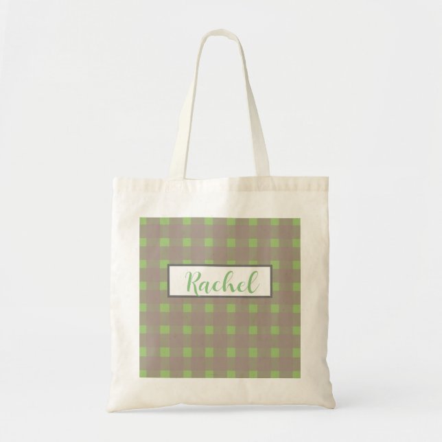 Green Grey Gingham Personalised  Tote Bag (Front)