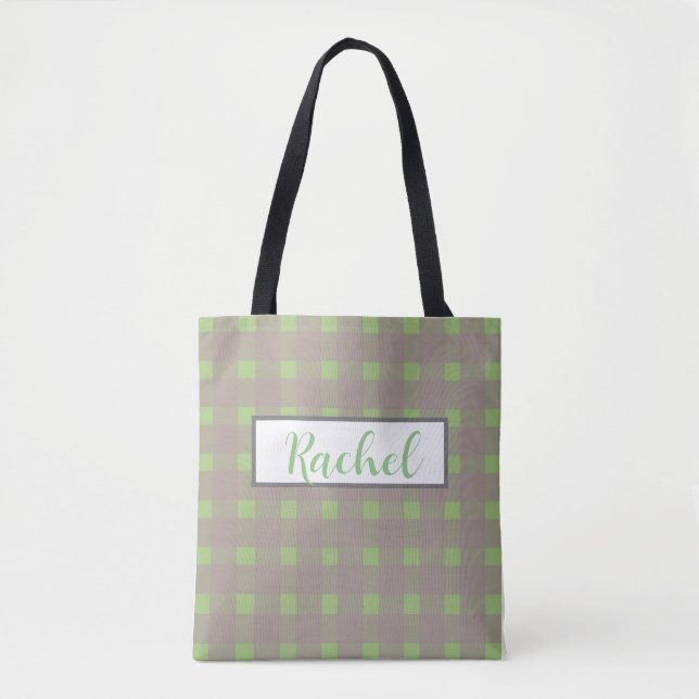 Green Grey Gingham Personalised  Tote Bag (Front)