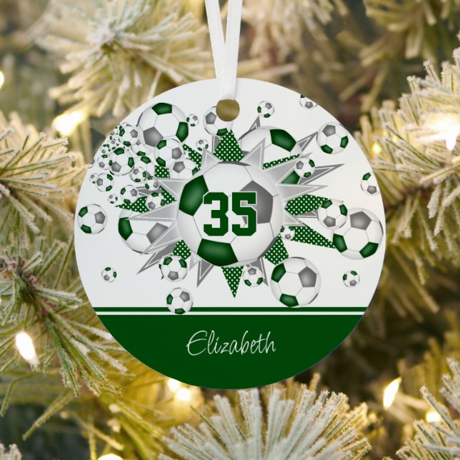 Green grey girls personalised soccer balls stars  metal tree decoration (Insitu)