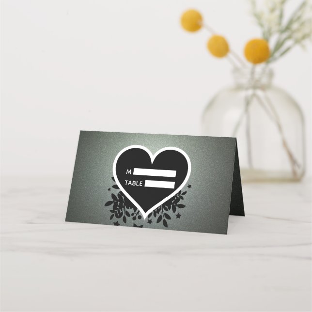 Green Grey Glitter And Heart Place Card (Front)