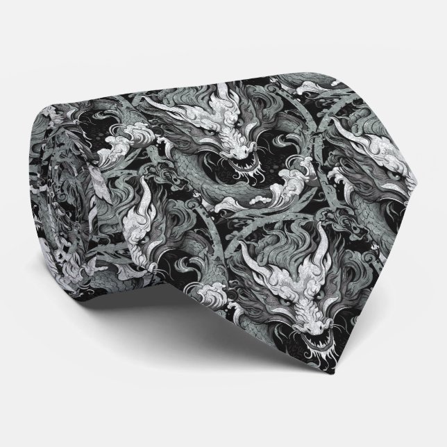 Green Grey Mediaeval Chinese Dragon Tie (Rolled)