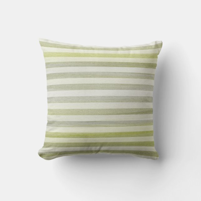 Green Grey Soft Stripes Watercolor Pattern Cushion (Front)