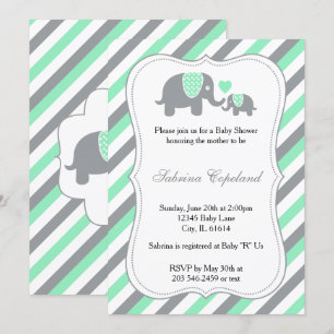 Green & Grey Stripes Baby Elephant Baby Shower Invitation
