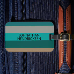 Green Grey Tan Stripes Modern Masculine Monogram Luggage Tag