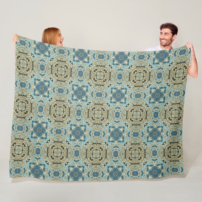 Green Grey Teal Blue Ochre Hip Bohemian Bali Art Fleece Blanket (In Situ)
